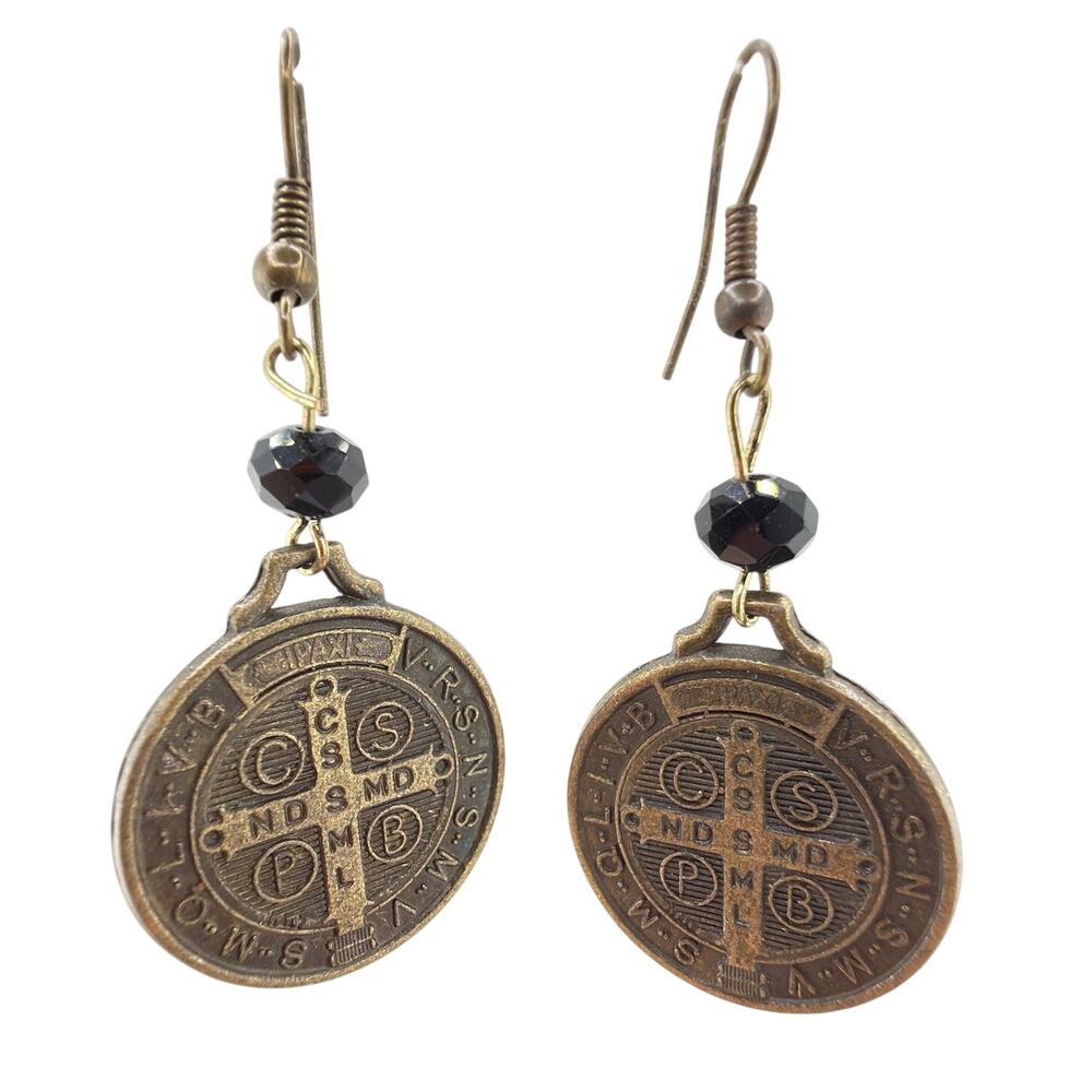 Artisan Engraved Metal Coin and Black Bead Dangle Earrings